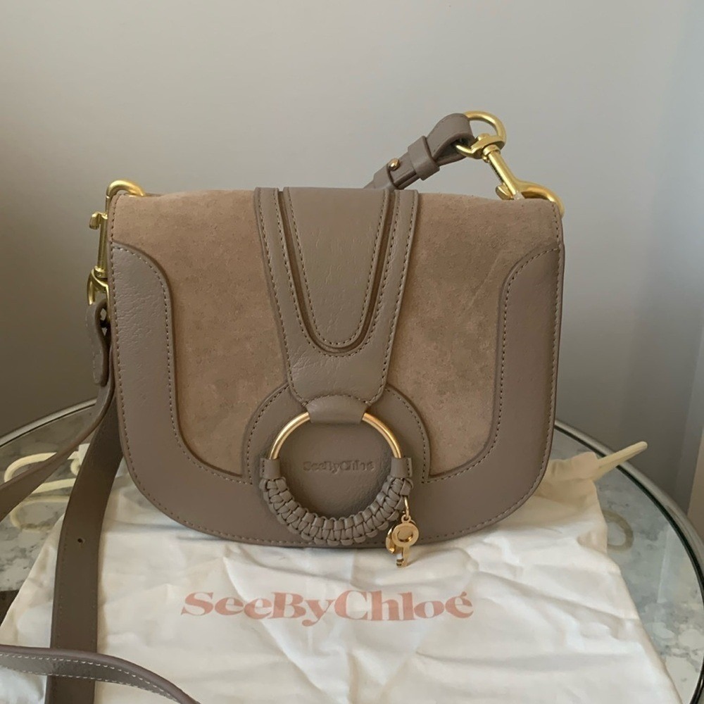 NWT SEE BY CHLOE HANA SHOULDER BAG suede leather taupe trendy small - Picture 2 of 12